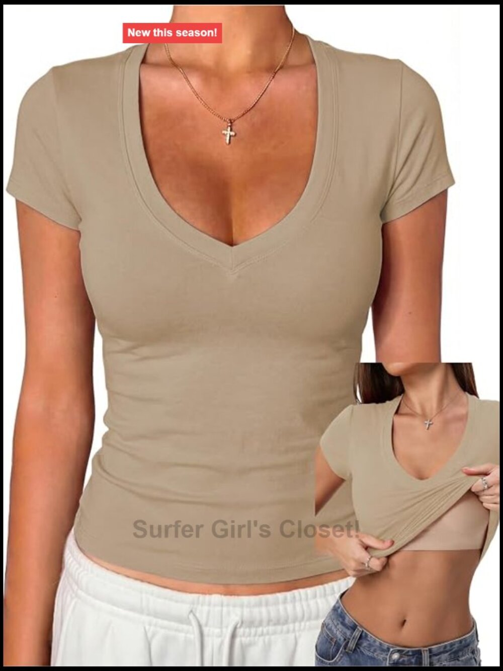 Womens Fitted Crop Top with Built in Bra V Neck Short Sleeve Cotton Stretch
